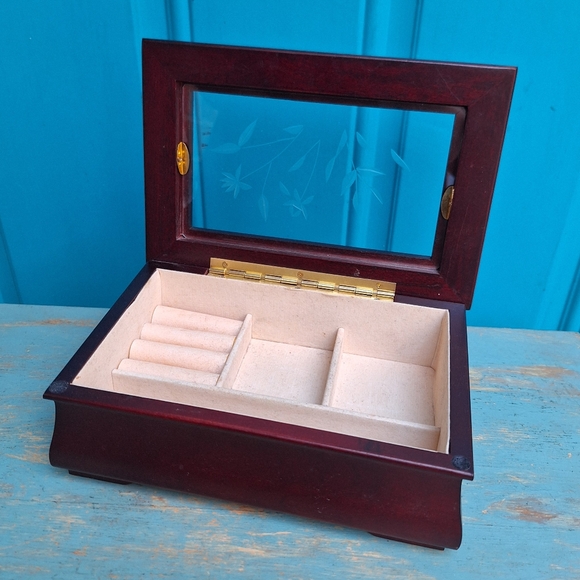 Wood Jewelry Box Etched Glass Lid Mahogany Cherry Vintage Wooden Velvet Trinket - Picture 13 of 16